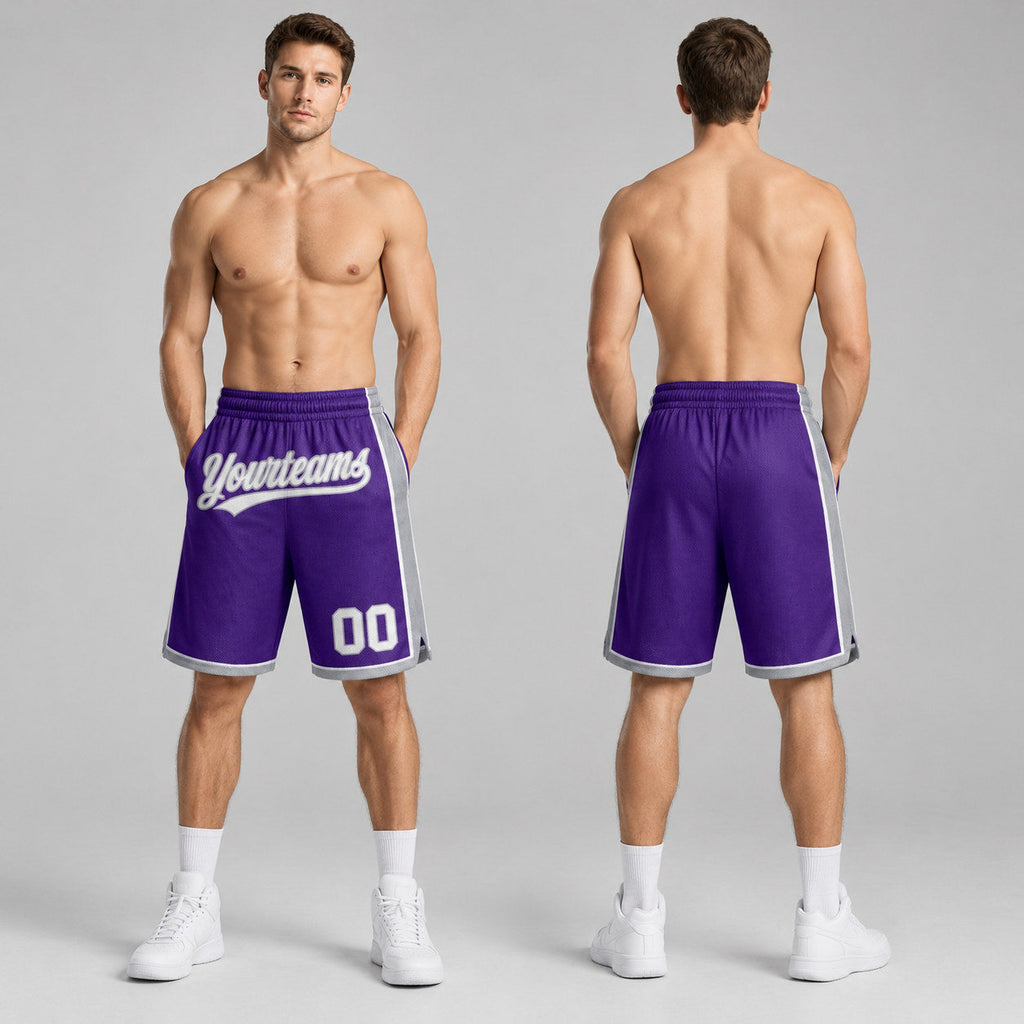 Custom Purple Authentic Basketball Shorts with White and Gray Lettering worn by male model