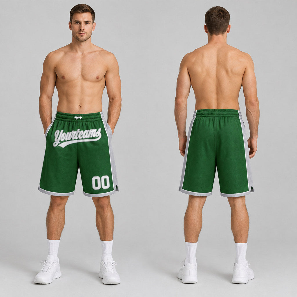 Custom Kelly Green Authentic Basketball Shorts with White and Gray Lettering worn by male model