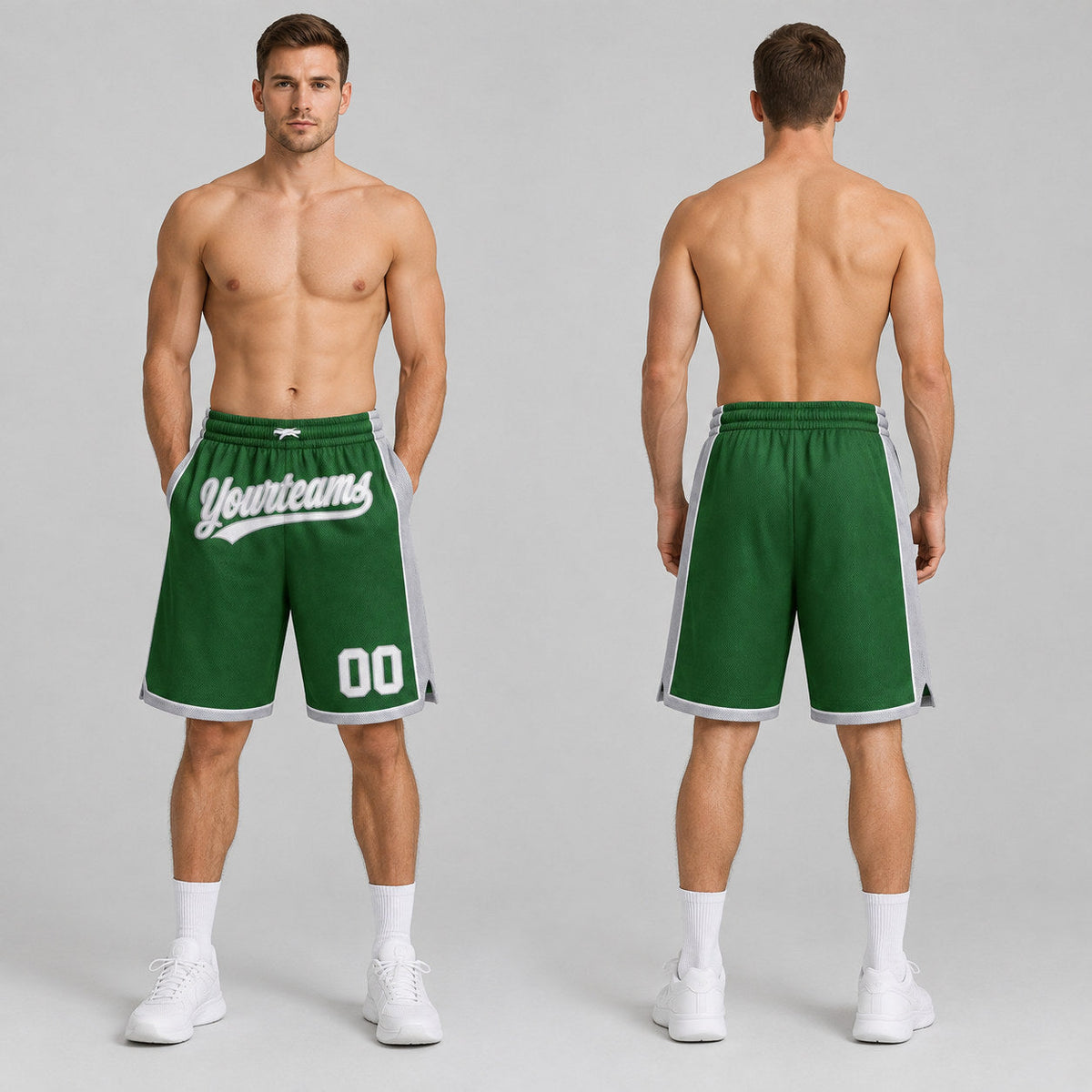 Custom Kelly Green Authentic Basketball Shorts with White and Gray Lettering worn by male model