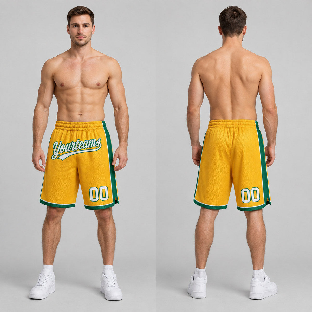 Custom Gold Authentic Basketball Shorts with White and Kelly Green Lettering worn by male model