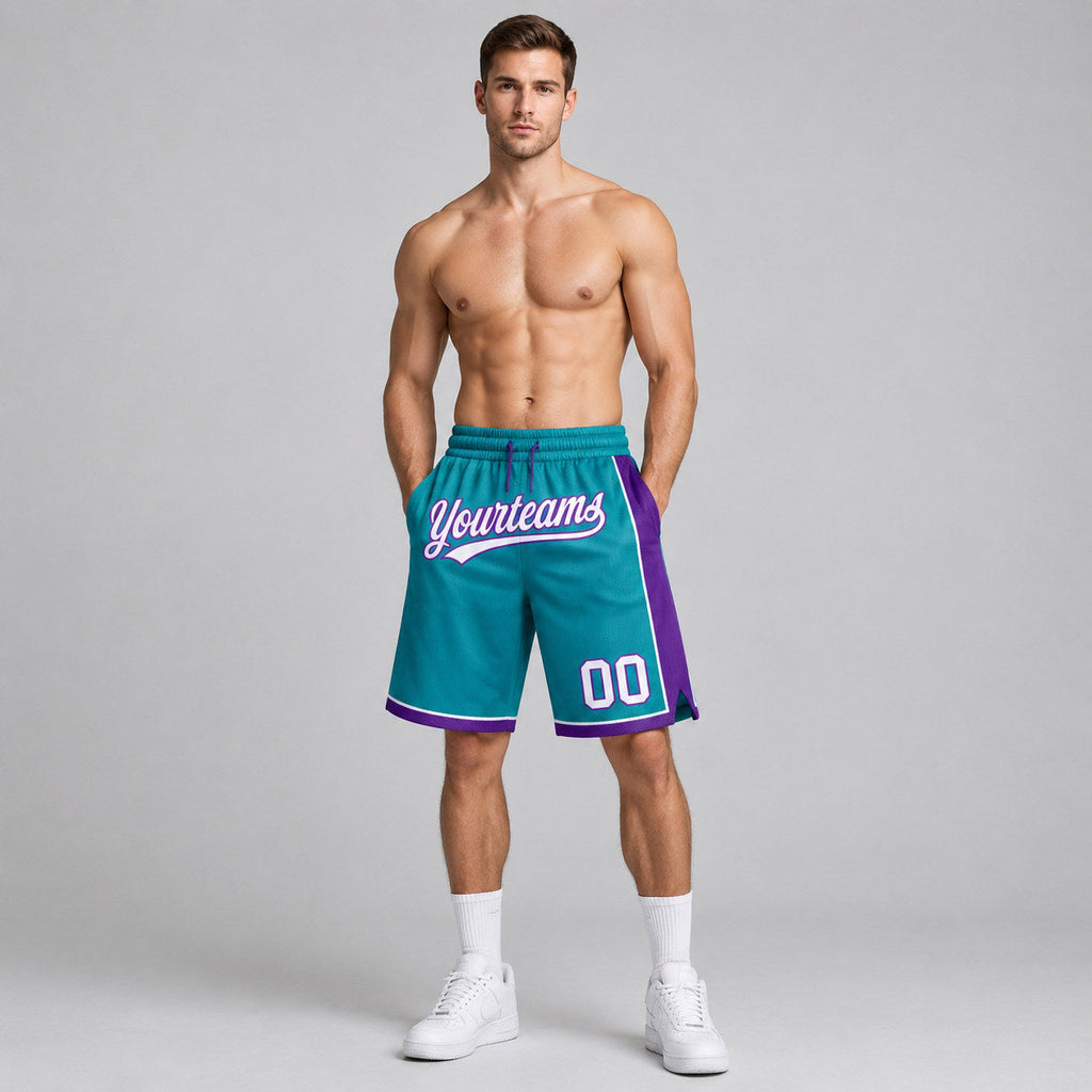 Custom Teal Authentic Basketball Shorts with White and Purple Lettering worn by male model