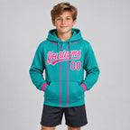 Custom Aqua Baseball Pullover Hoodie with Pink and White Lettering youth size worn by child model