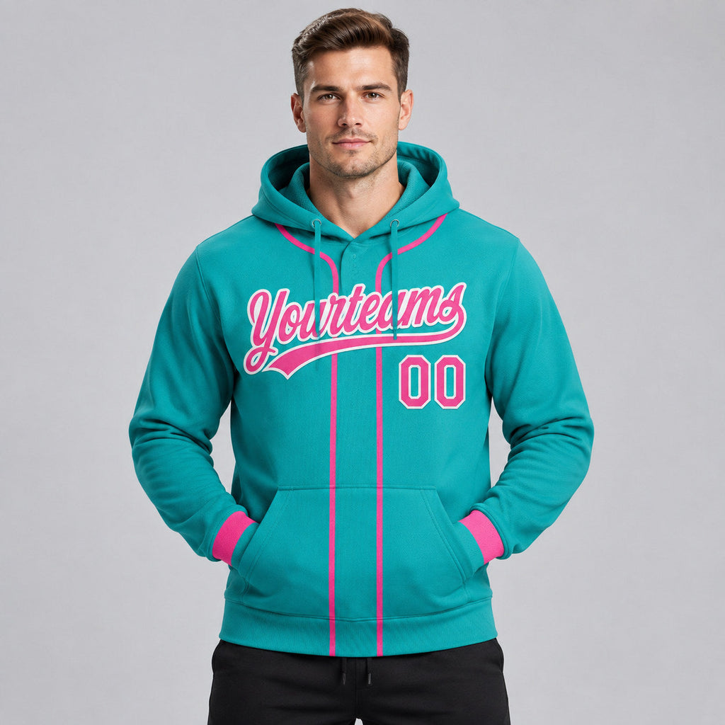 Custom Aqua Baseball Pullover Hoodie with Pink and White Lettering worn by male model