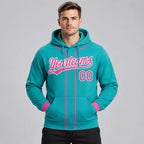 Custom Aqua Baseball Pullover Hoodie with Pink and White Lettering worn by male model
