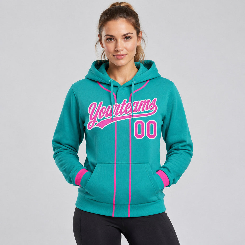 Custom Aqua Baseball Pullover Hoodie with Pink and White Lettering worn by female model