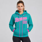 Custom Aqua Baseball Pullover Hoodie with Pink and White Lettering worn by female model