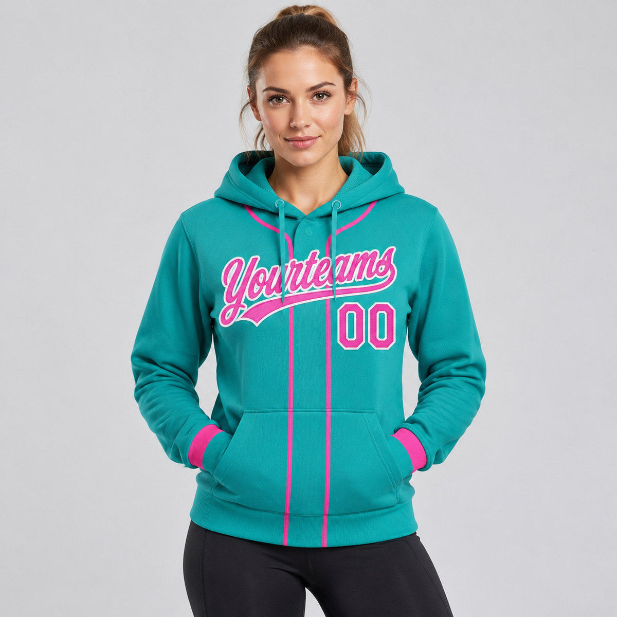 Custom Aqua Baseball Pullover Hoodie with Pink and White Lettering worn by female model