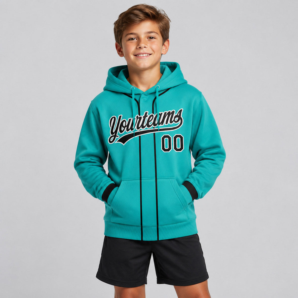Custom Aqua Baseball Pullover Hoodie with Black and White Lettering youth size worn by child model