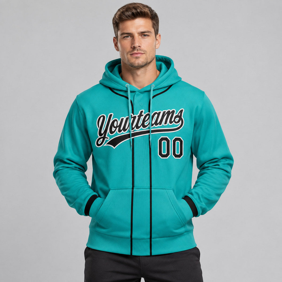Custom Aqua Baseball Pullover Hoodie with Black and White Lettering worn by male model