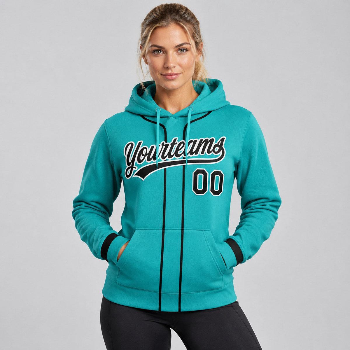 Custom Aqua Baseball Pullover Hoodie with Black and White Lettering worn by female model