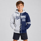 Custom Navy Ripped Pinstripe Split Baseball Pullover Hoodie with Gray and White Lettering youth size worn by child model