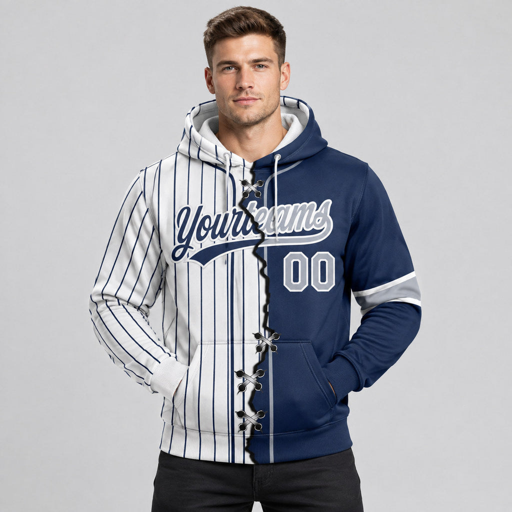 Custom Navy Ripped Pinstripe Split Baseball Pullover Hoodie with Gray and White Lettering worn by male model