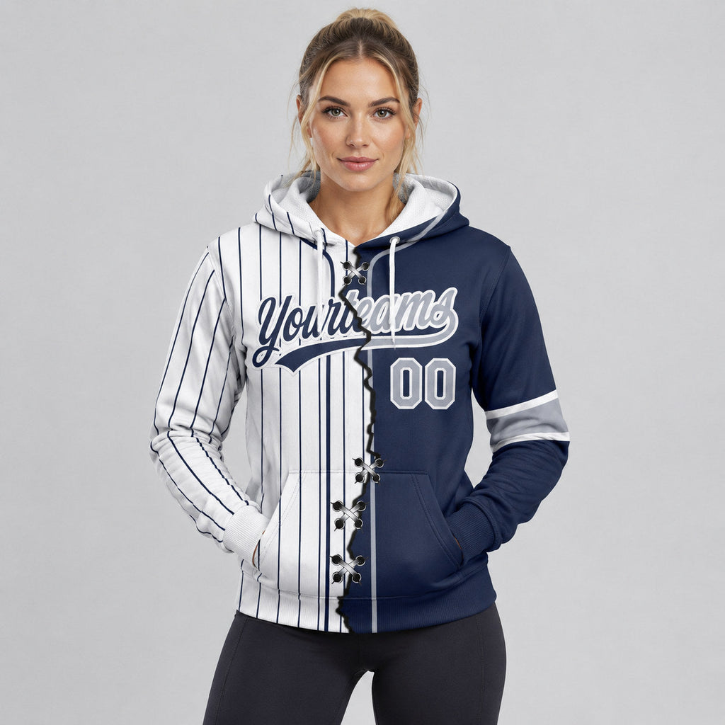 Custom Navy Ripped Pinstripe Split Baseball Pullover Hoodie with Gray and White Lettering worn by female model