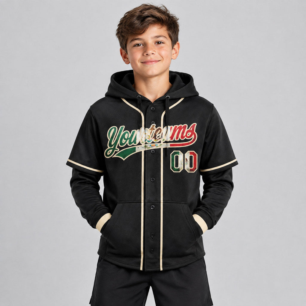 Custom Black Vintage Mexican Flag Baseball Pullover Hoodie with Cream Lettering youth size worn by child model