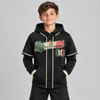 Custom Black Vintage Mexican Flag Baseball Pullover Hoodie with Cream Lettering youth size worn by child model