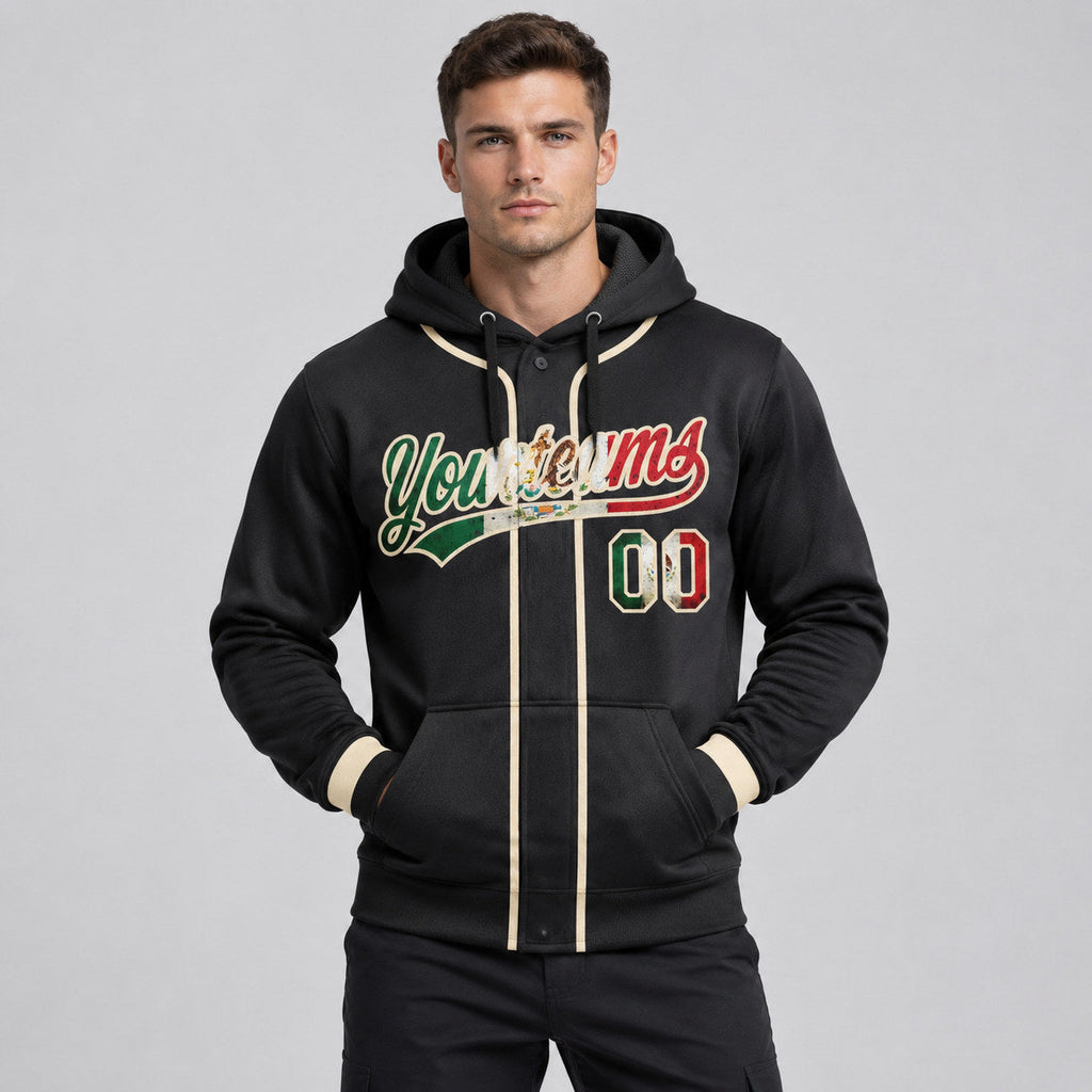 Custom Black Vintage Mexican Flag Baseball Pullover Hoodie with Cream Lettering worn by male model