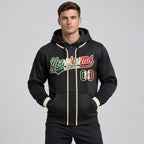 Custom Black Vintage Mexican Flag Baseball Pullover Hoodie with Cream Lettering worn by male model
