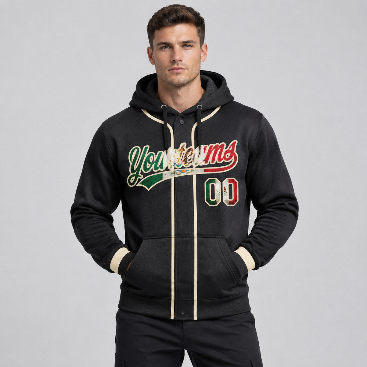Custom Black Vintage Mexican Flag Baseball Pullover Hoodie with Cream Lettering worn by male model