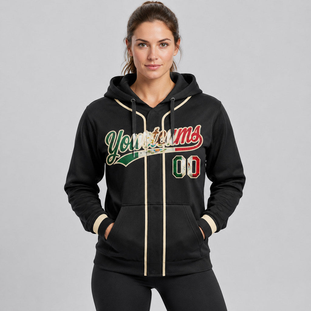 Custom Black Vintage Mexican Flag Baseball Pullover Hoodie with Cream Lettering worn by female model