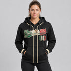 Custom Black Vintage Mexican Flag Baseball Pullover Hoodie with Cream Lettering worn by female model