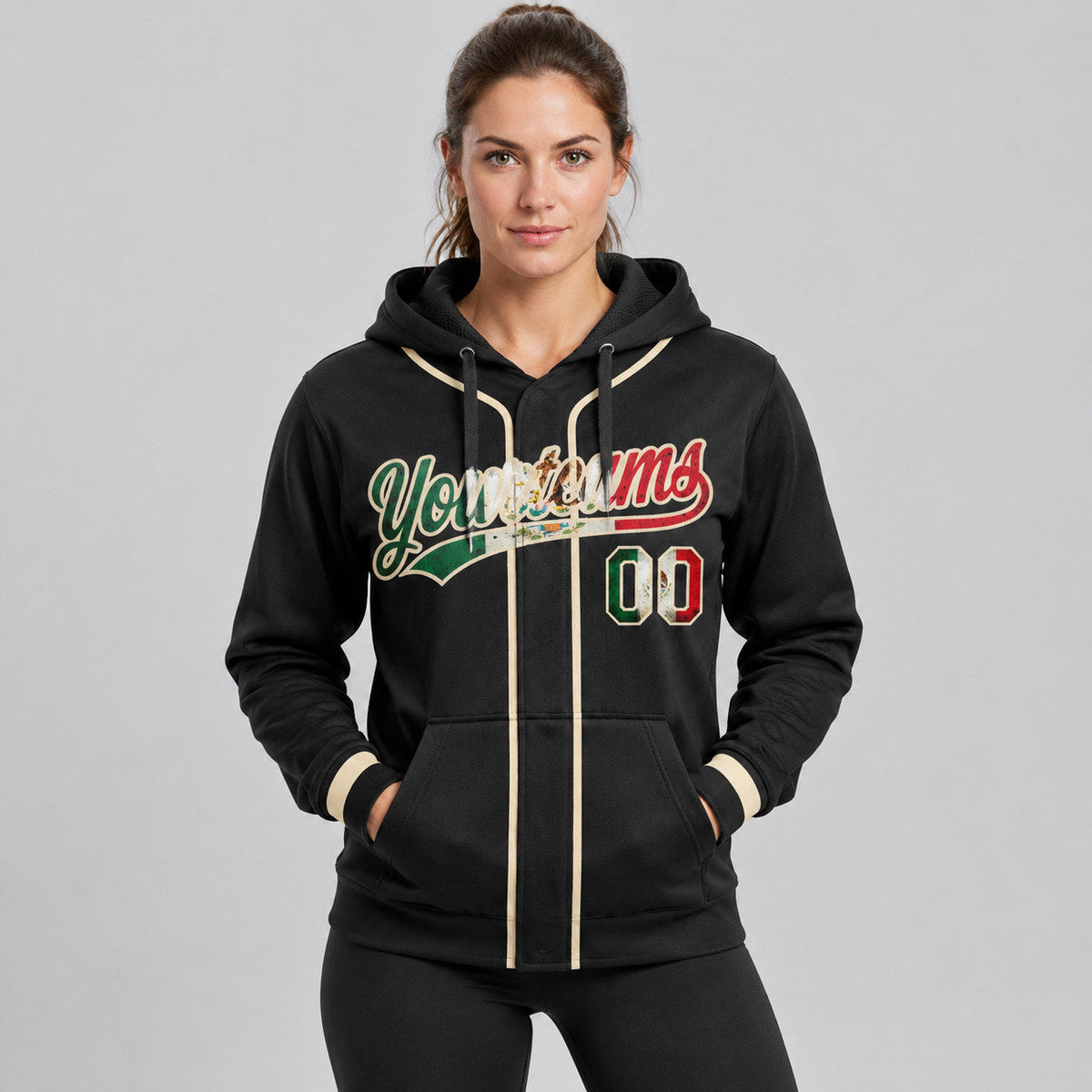Custom Black Vintage Mexican Flag Baseball Pullover Hoodie with Cream Lettering worn by female model