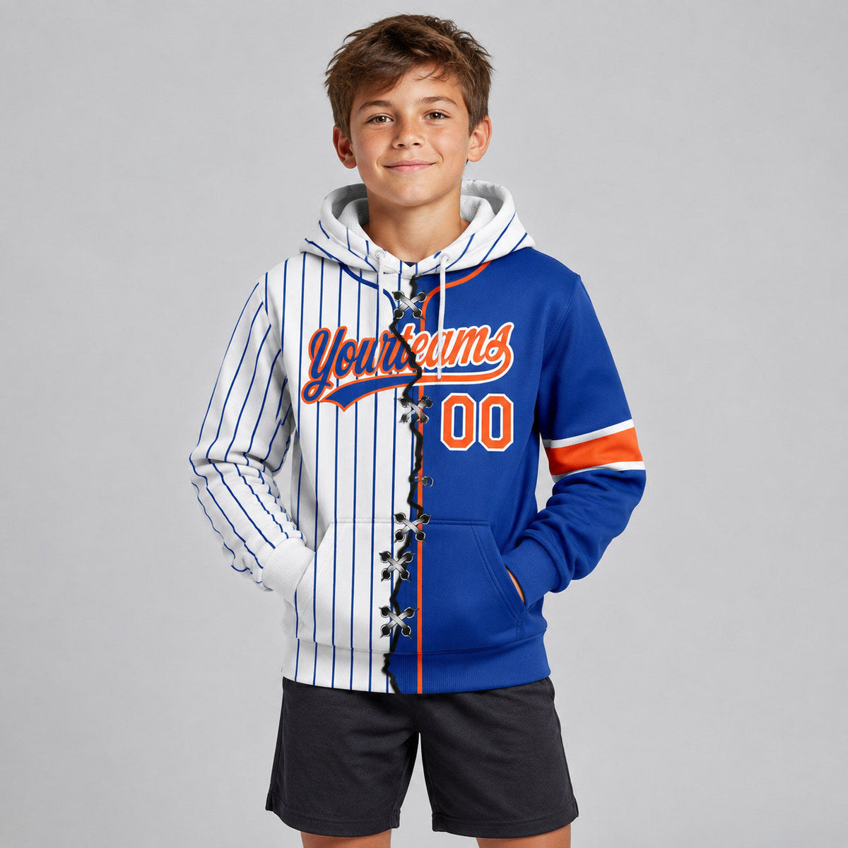 Custom Royal Ripped Pinstripe Split Baseball Pullover Hoodie with Orange and White Lettering youth size worn by child model