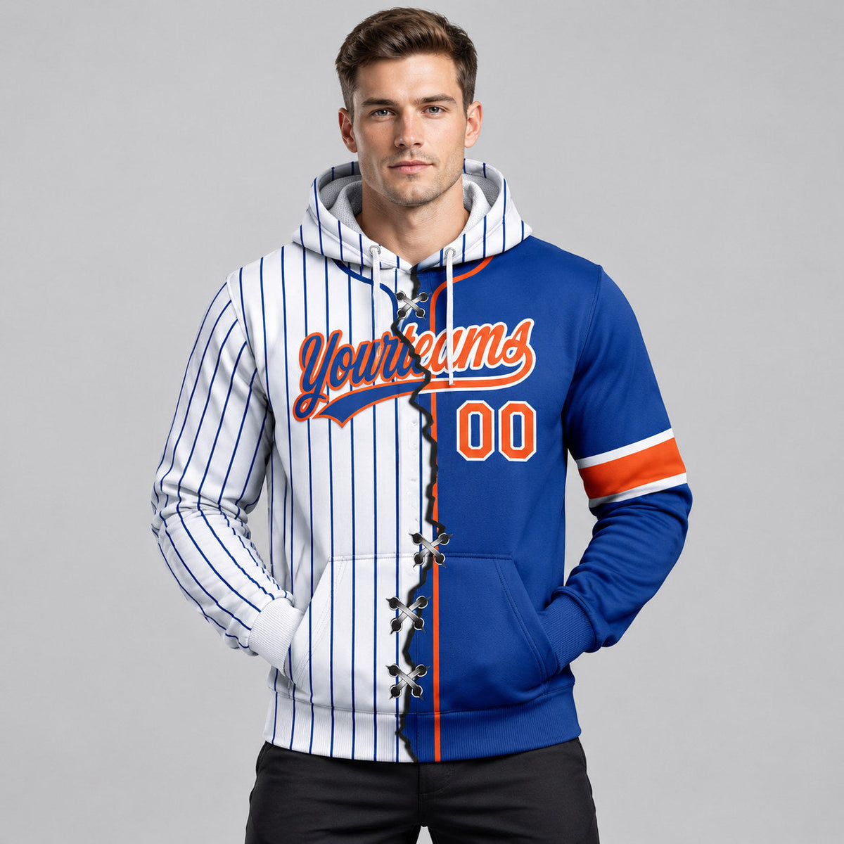 Custom Royal Ripped Pinstripe Split Baseball Pullover Hoodie with Orange and White Lettering worn by male model
