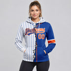 Custom Royal Ripped Pinstripe Split Baseball Pullover Hoodie with Orange and White Lettering worn by female model