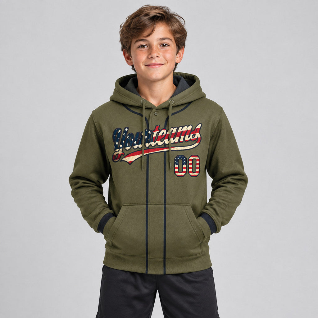 Custom Olive Vintage USA Flag Baseball Pullover Hoodie with Black Lettering youth size worn by child model