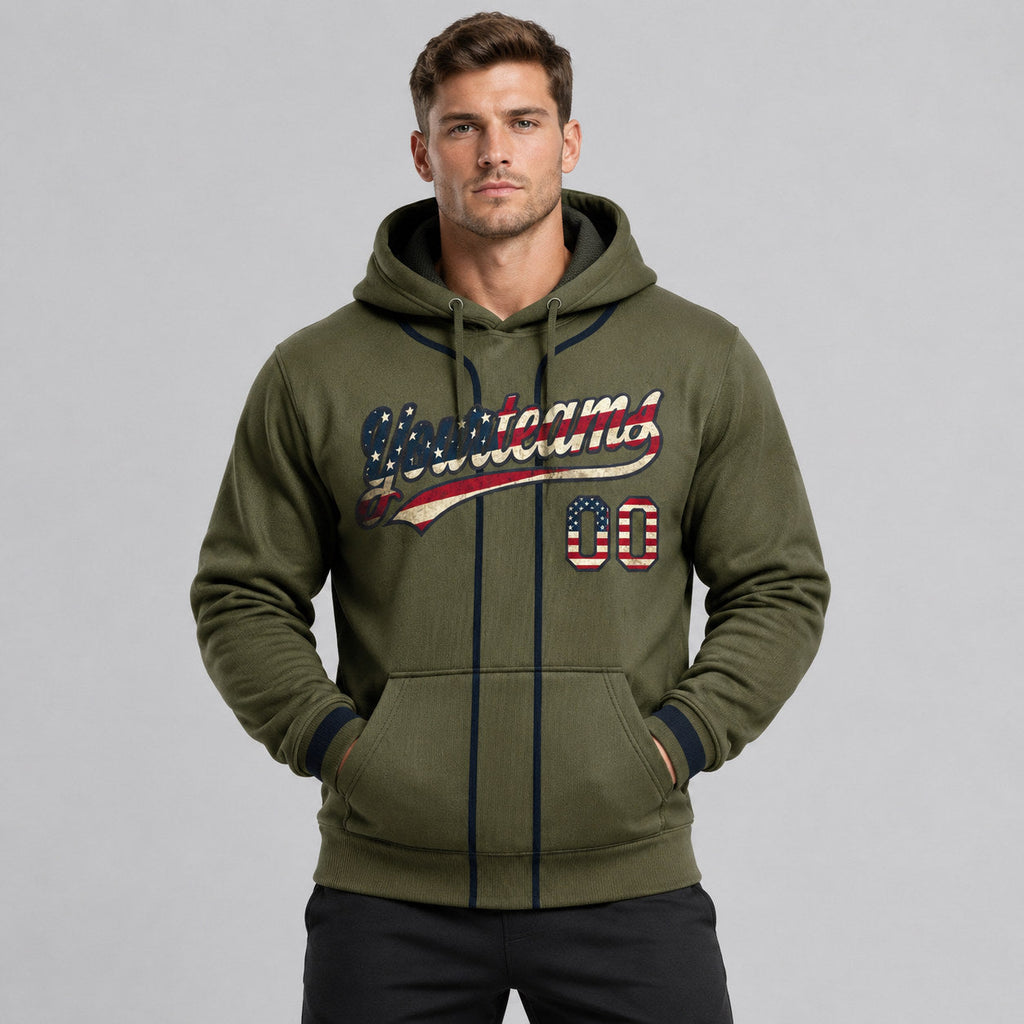 Custom Olive Vintage USA Flag Baseball Pullover Hoodie with Black Lettering worn by male model