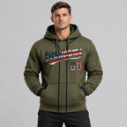 Custom Olive Vintage USA Flag Baseball Pullover Hoodie with Black Lettering worn by male model