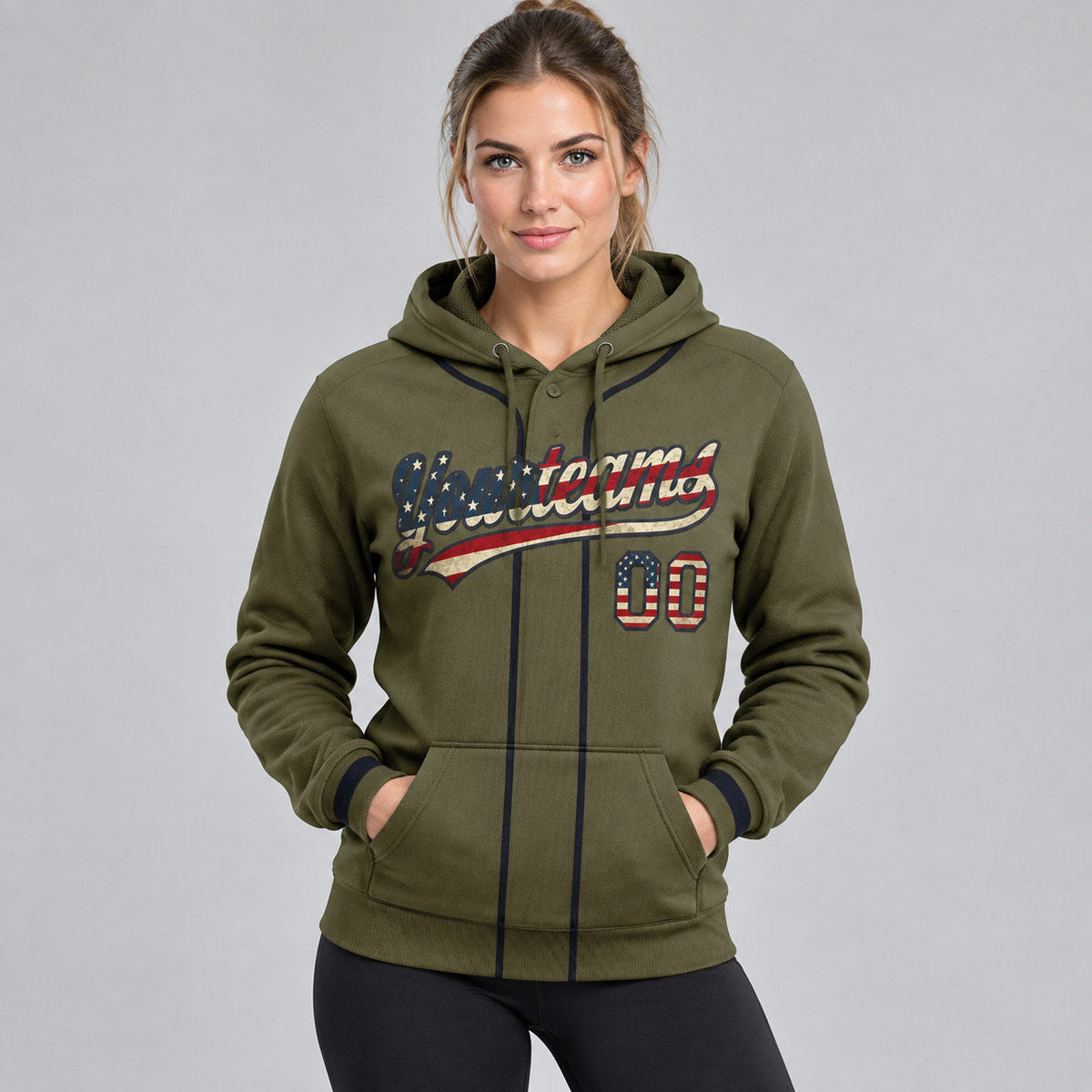 Custom Olive Vintage USA Flag Baseball Pullover Hoodie with Black Lettering worn by female model