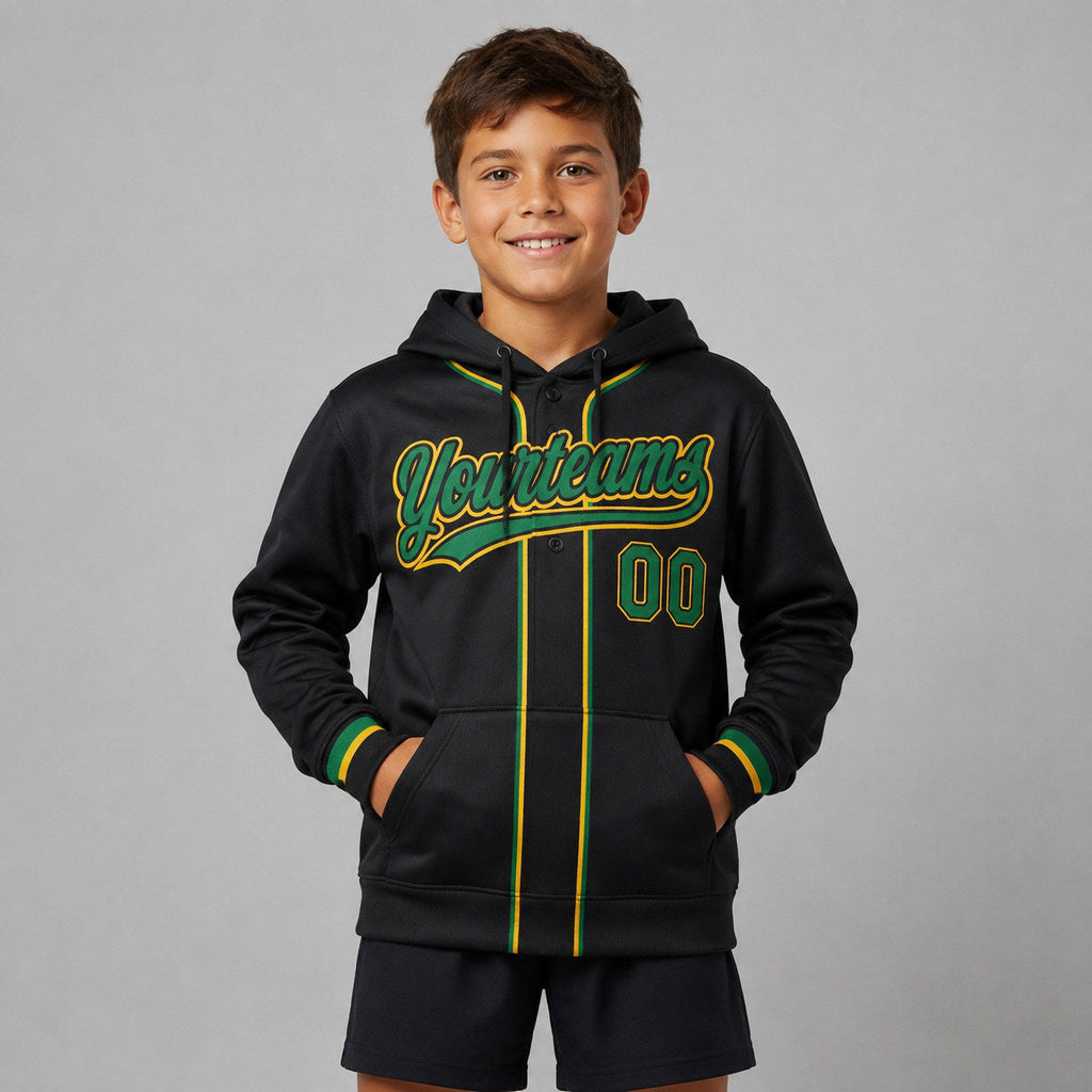 Custom Black Baseball Pullover Hoodie with Kelly Green and Gold Lettering youth size worn by child model