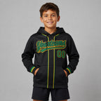 Custom Black Baseball Pullover Hoodie with Kelly Green and Gold Lettering youth size worn by child model