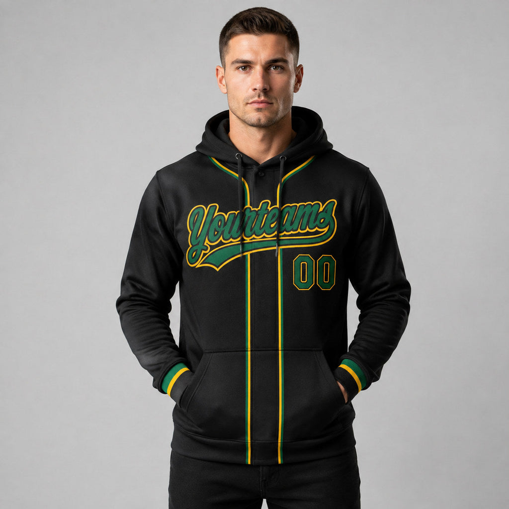 Custom Black Baseball Pullover Hoodie with Kelly Green and Gold Lettering worn by male model