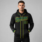 Custom Black Baseball Pullover Hoodie with Kelly Green and Gold Lettering worn by male model