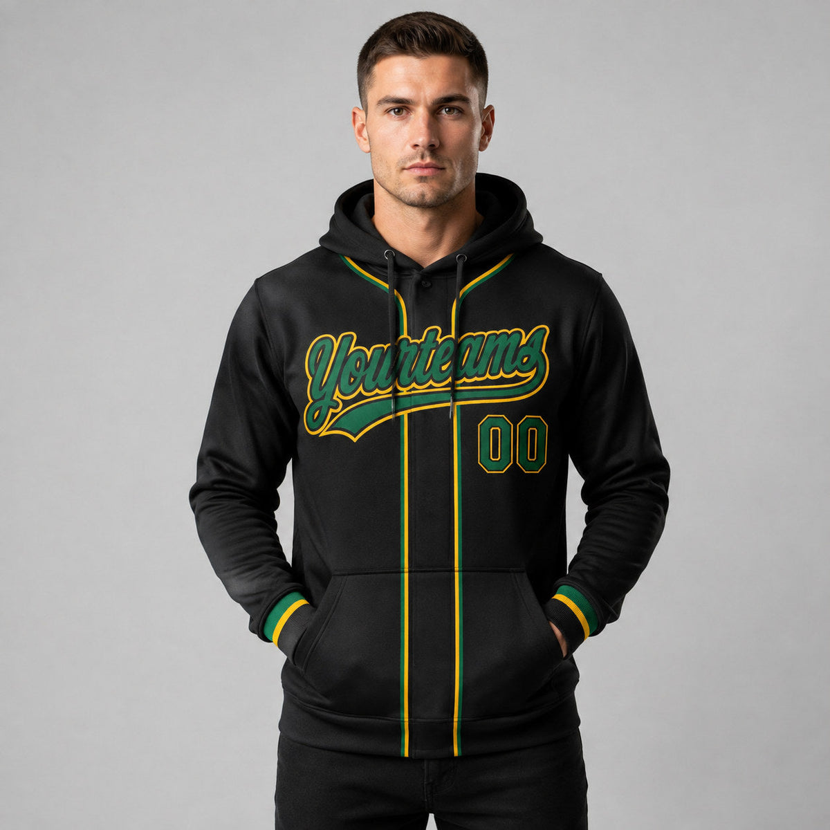 Custom Black Baseball Pullover Hoodie with Kelly Green and Gold Lettering worn by male model