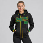 Custom Black Baseball Pullover Hoodie with Kelly Green and Gold Lettering worn by female model