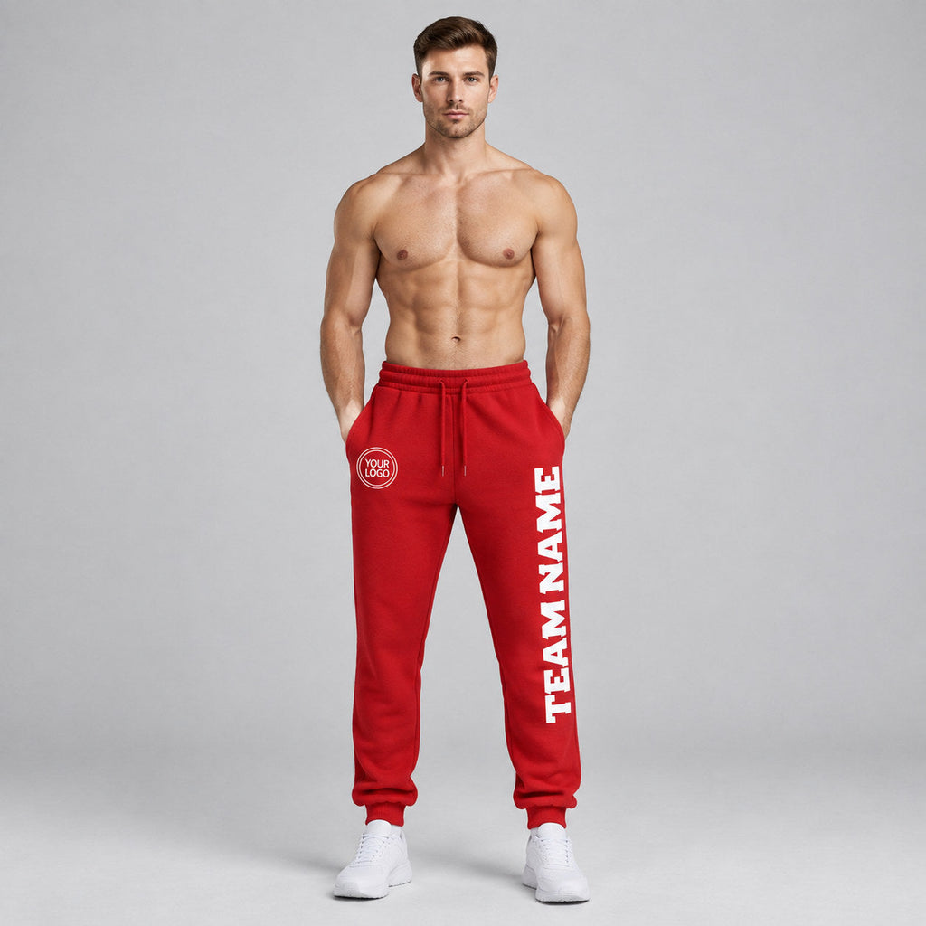 Custom Red Fleece Jogger Sweatpants with White Accents worn by male model