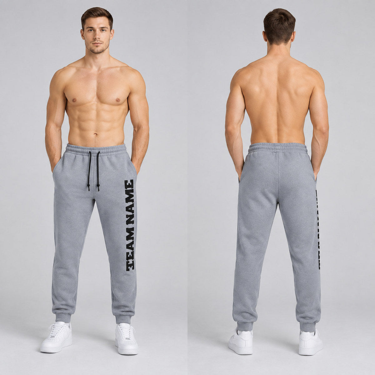 Custom Gray Fleece Jogger Sweatpants with Black Accents worn by male model