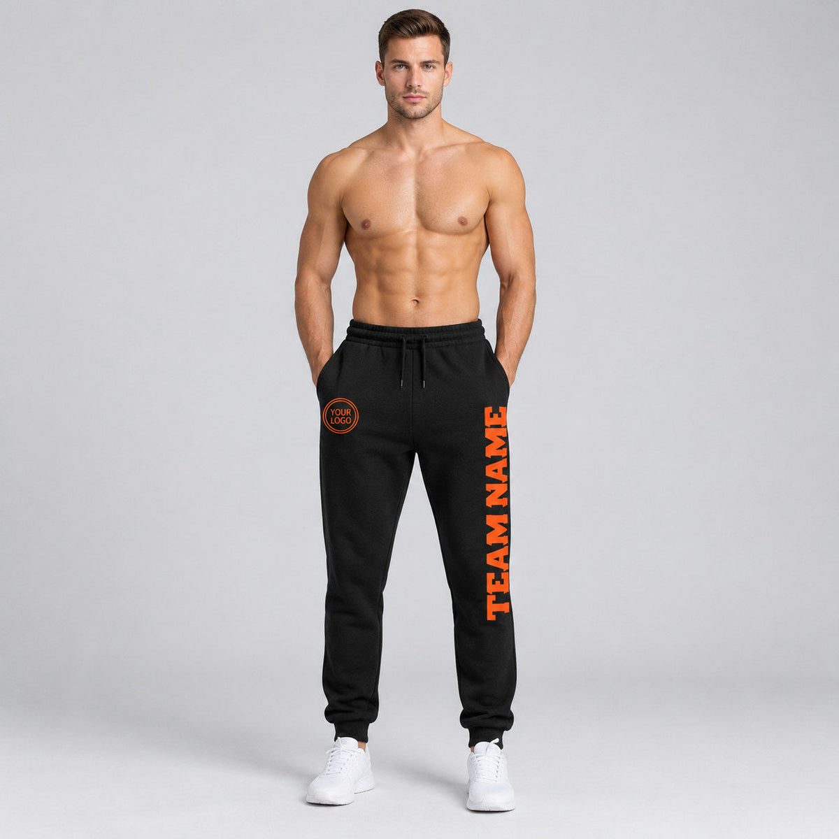 Custom Black Fleece Jogger Sweatpants with Orange Accents worn by male model