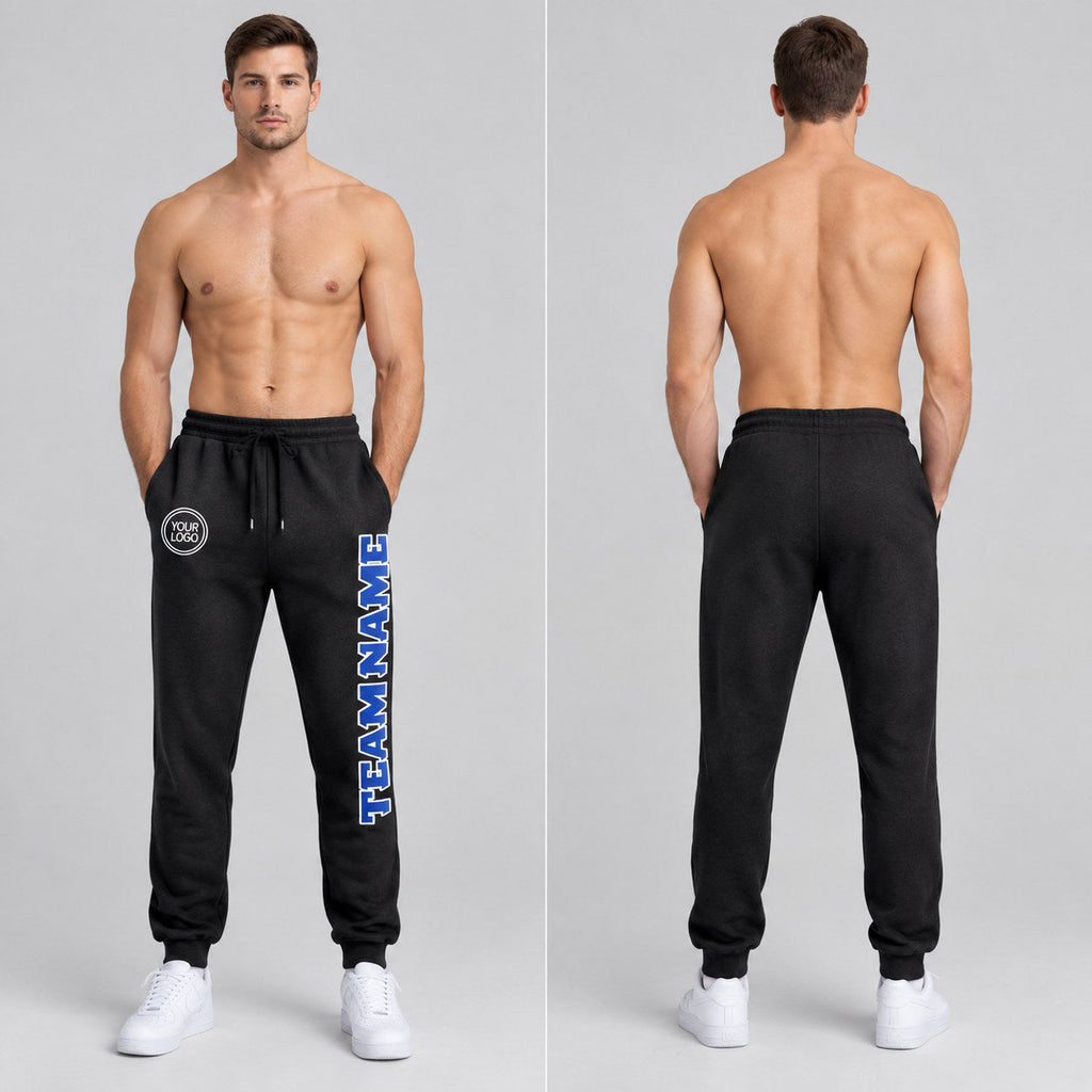Custom Black Fleece Jogger Sweatpants with Royal and White Accents worn by male model