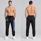 Custom Black Fleece Jogger Sweatpants with Royal and White Accents worn by male model