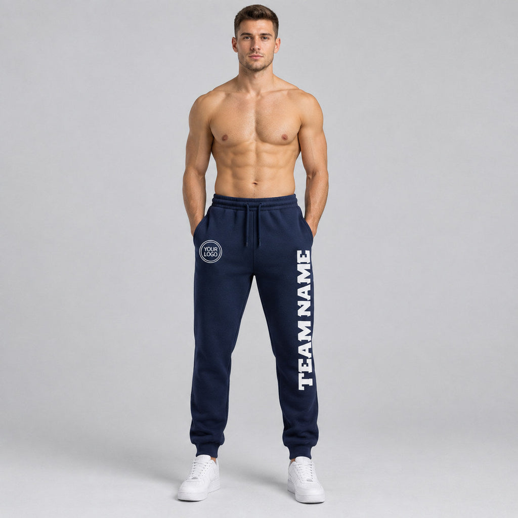 Custom Navy Fleece Jogger Sweatpants with White Accents worn by male model