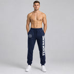 Custom Navy Fleece Jogger Sweatpants with White Accents worn by male model
