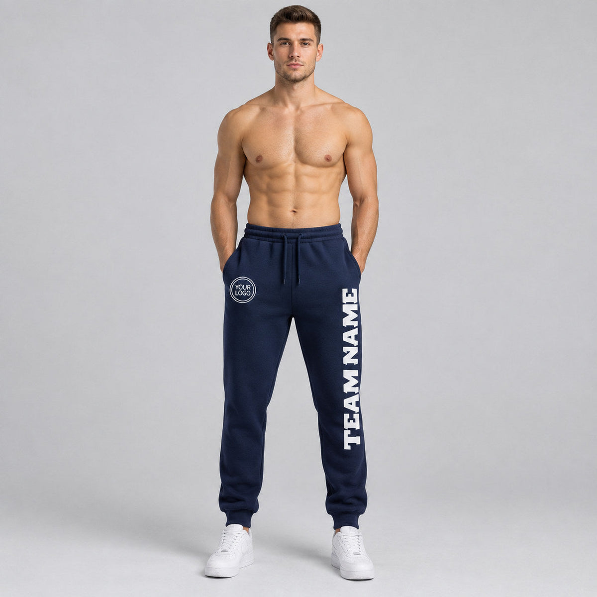 Custom Navy Fleece Jogger Sweatpants with White Accents worn by male model