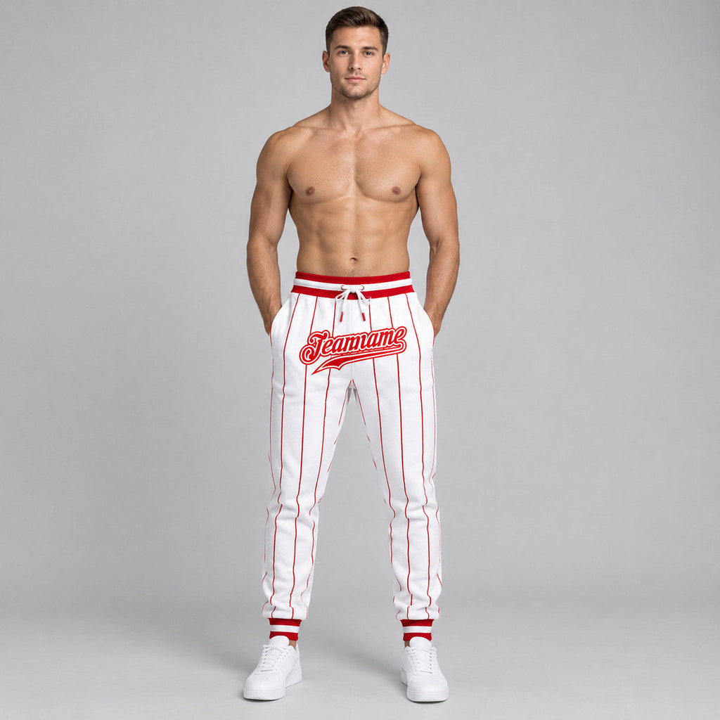 Custom White and Red Pinstripe Pants with Red and White Accents worn by male model