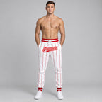 Custom White and Red Pinstripe Pants with Red and White Accents worn by male model