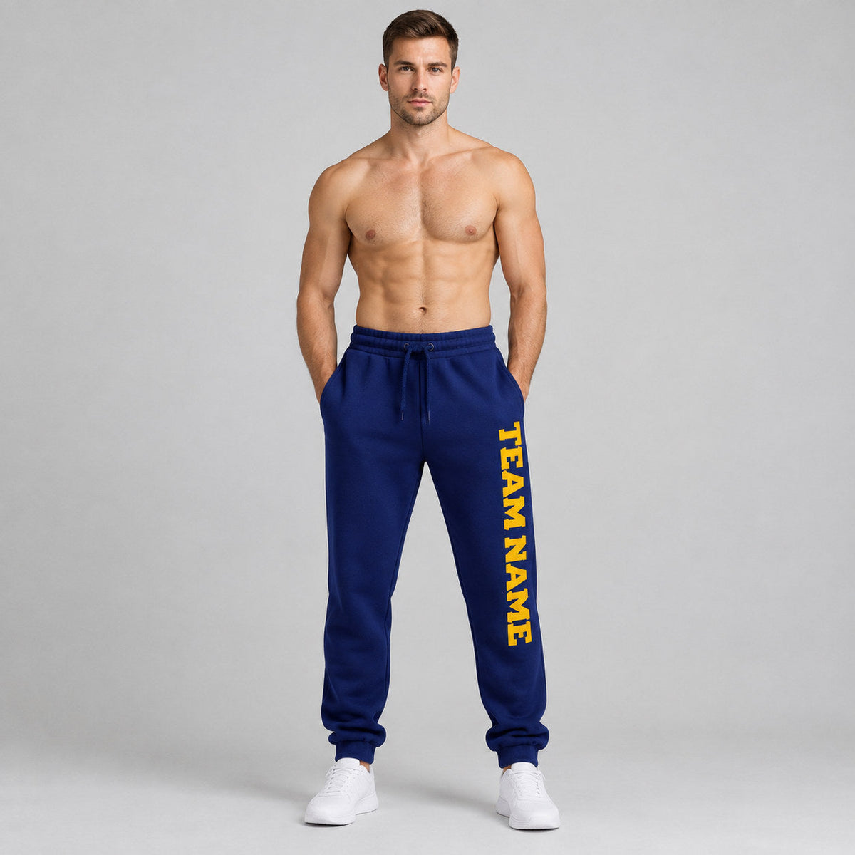 Custom Royal Fleece Jogger Sweatpants with Gold Accents worn by male model