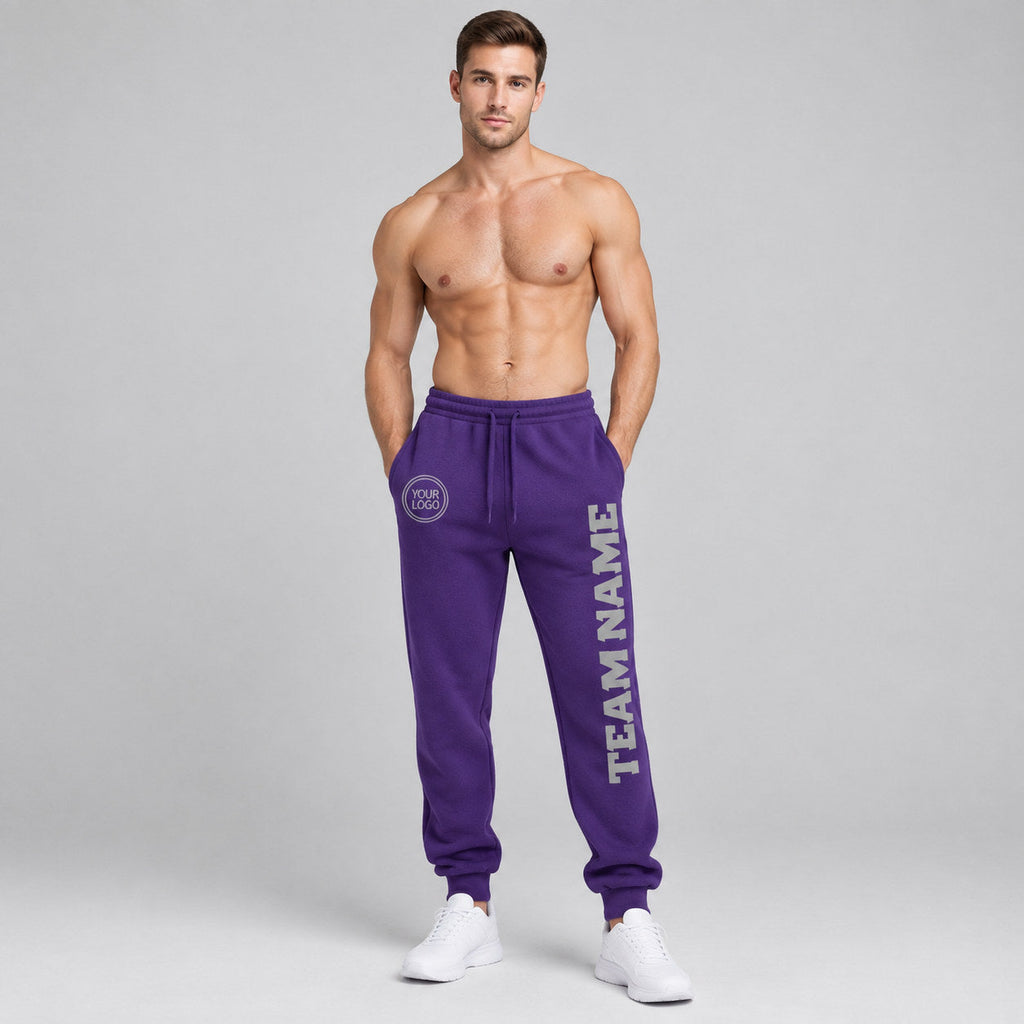 Custom Purple Fleece Jogger Sweatpants with Gray Accents worn by male model